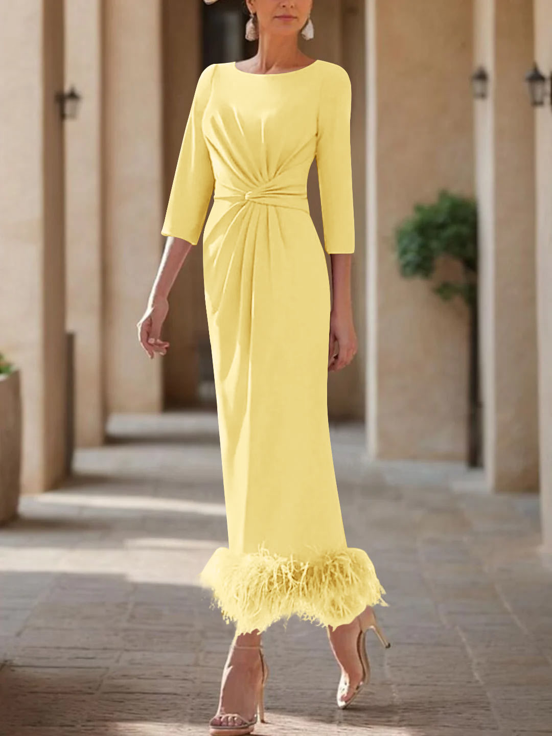Elegant Feather-Adorned Scoop Neck Ankle-Length Dress for Mothers of the Bride & Groom-BMbridal