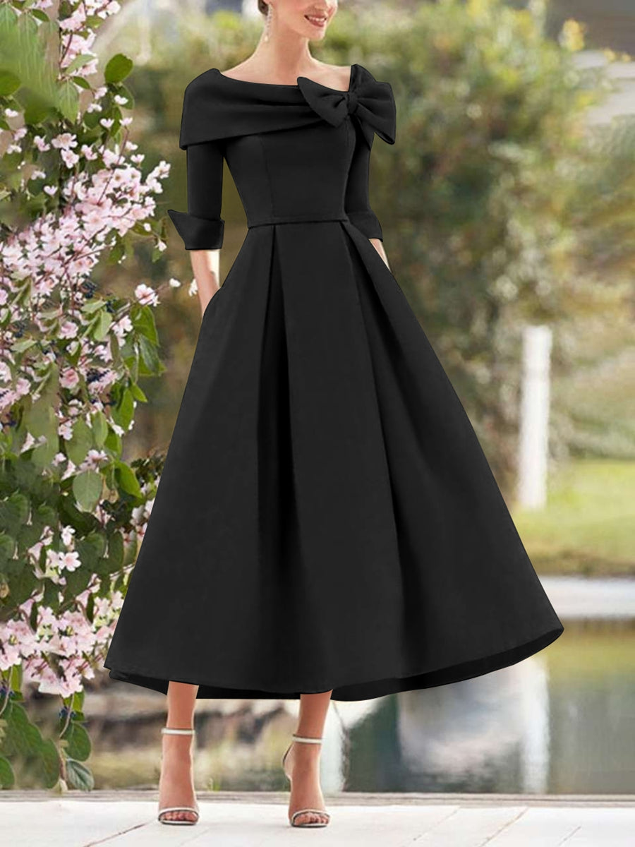 Elegant A-Line Princess Dresses with Cowl Neck and Bows 3/4 Sleeves Tea Length for Mothers of the Bride & Groom-BMbridal