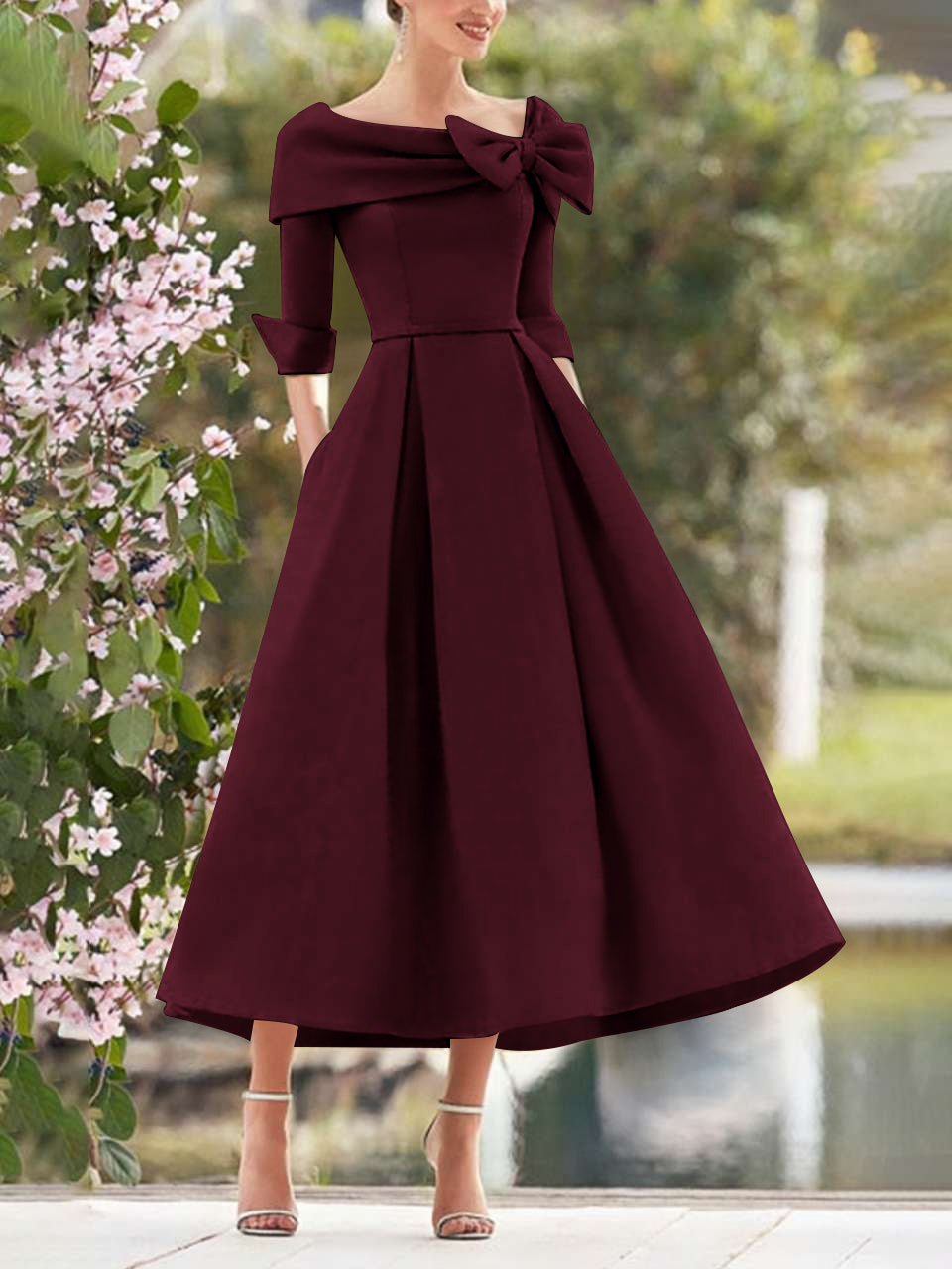 Elegant A-Line Princess Dresses with Cowl Neck and Bows 3/4 Sleeves Tea Length for Mothers of the Bride & Groom-BMbridal