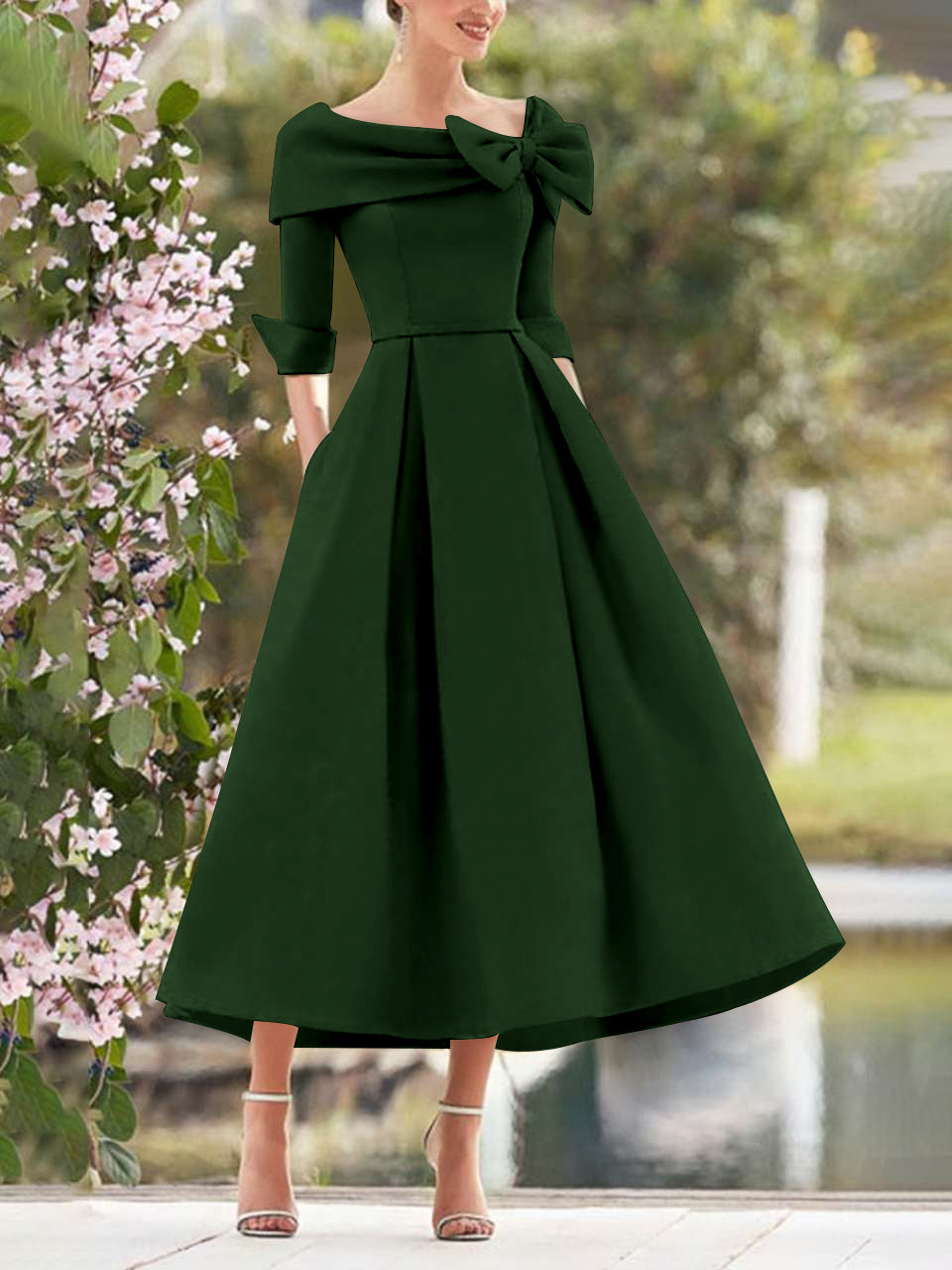 Elegant A-Line Princess Dresses with Cowl Neck and Bows 3/4 Sleeves Tea Length for Mothers of the Bride & Groom-BMbridal