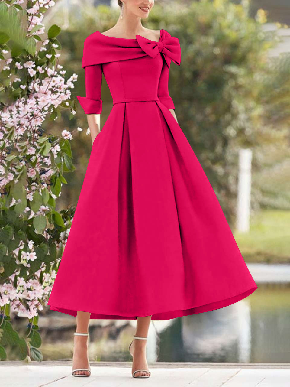 Elegant A-Line Princess Dresses with Cowl Neck and Bows 3/4 Sleeves Tea Length for Mothers of the Bride & Groom-BMbridal