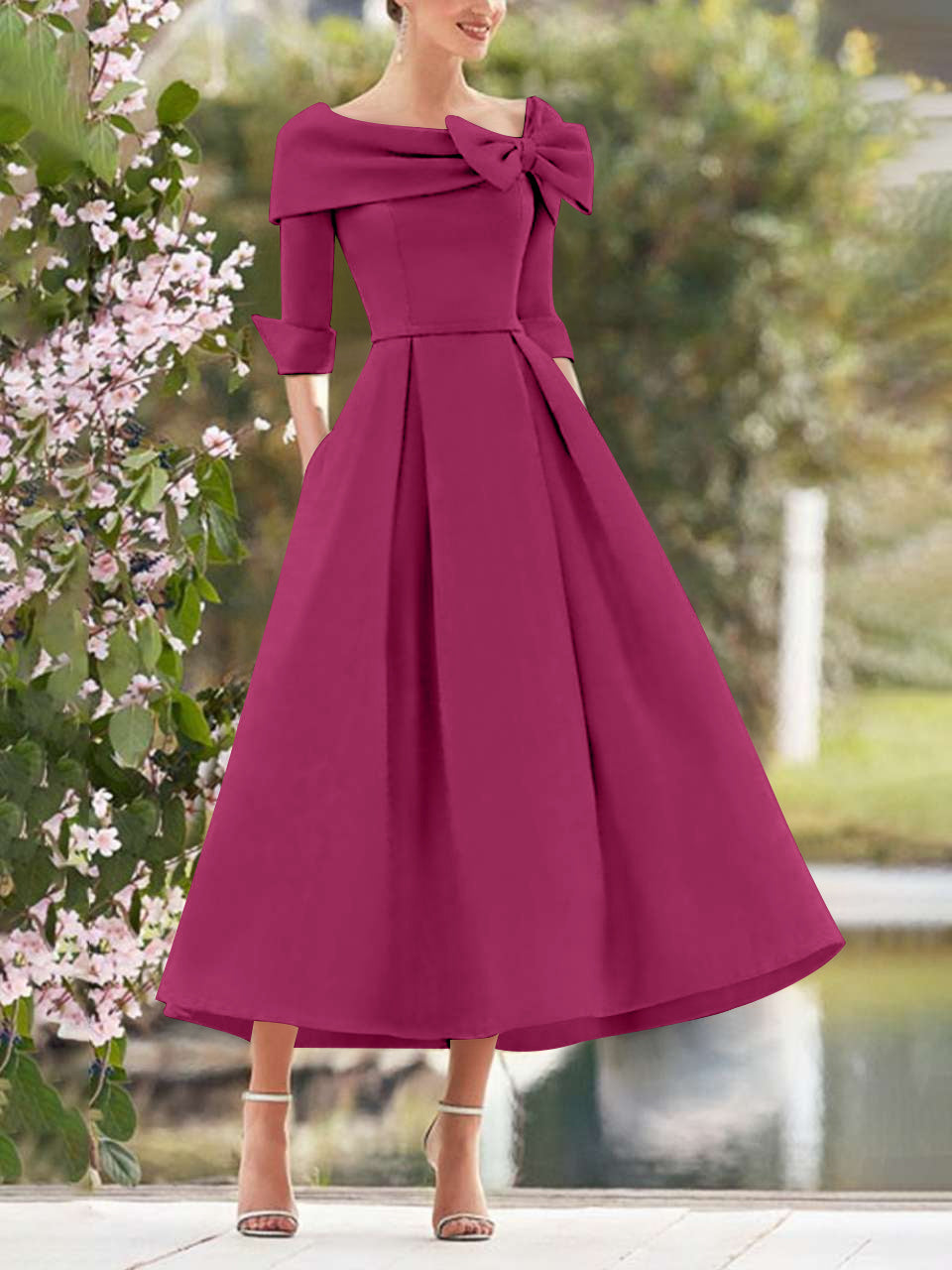 Elegant A-Line Princess Dresses with Cowl Neck and Bows 3/4 Sleeves Tea Length for Mothers of the Bride & Groom-BMbridal