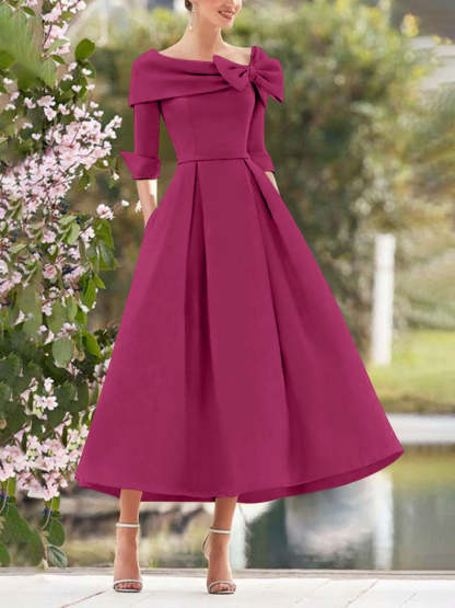 Elegant A-Line Princess Dresses with Cowl Neck and Bows 3/4 Sleeves Tea Length for Mothers of the Bride & Groom-BMbridal