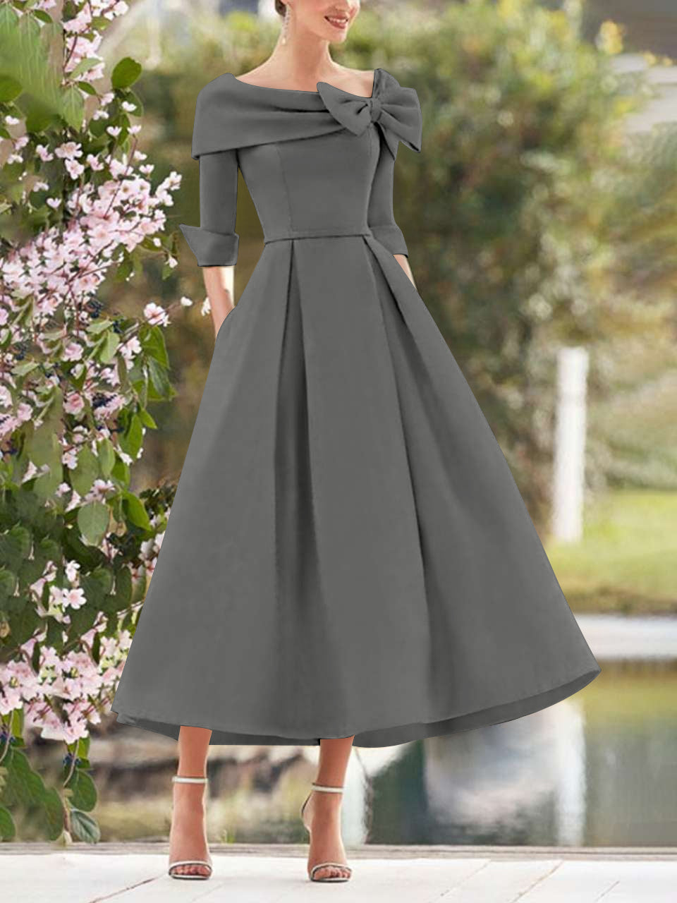 Elegant A-Line Princess Dresses with Cowl Neck and Bows 3/4 Sleeves Tea Length for Mothers of the Bride & Groom-BMbridal