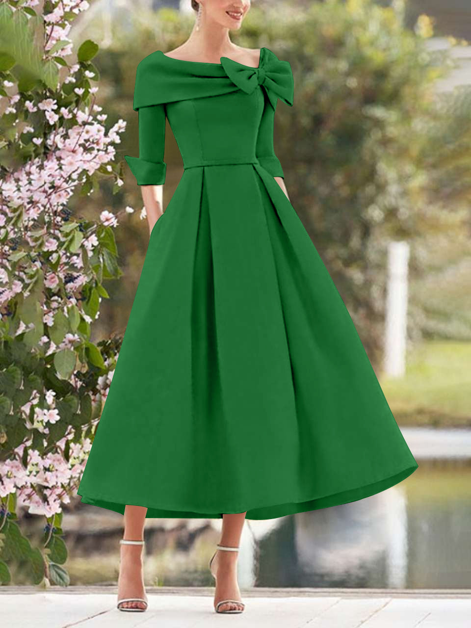 Elegant A-Line Princess Dresses with Cowl Neck and Bows 3/4 Sleeves Tea Length for Mothers of the Bride & Groom-BMbridal