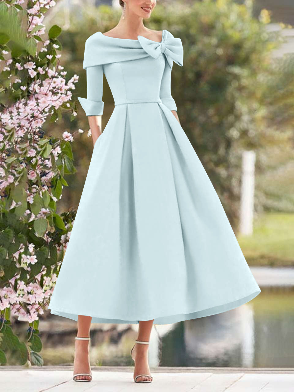 Elegant A-Line Princess Dresses with Cowl Neck and Bows 3/4 Sleeves Tea Length for Mothers of the Bride & Groom-BMbridal