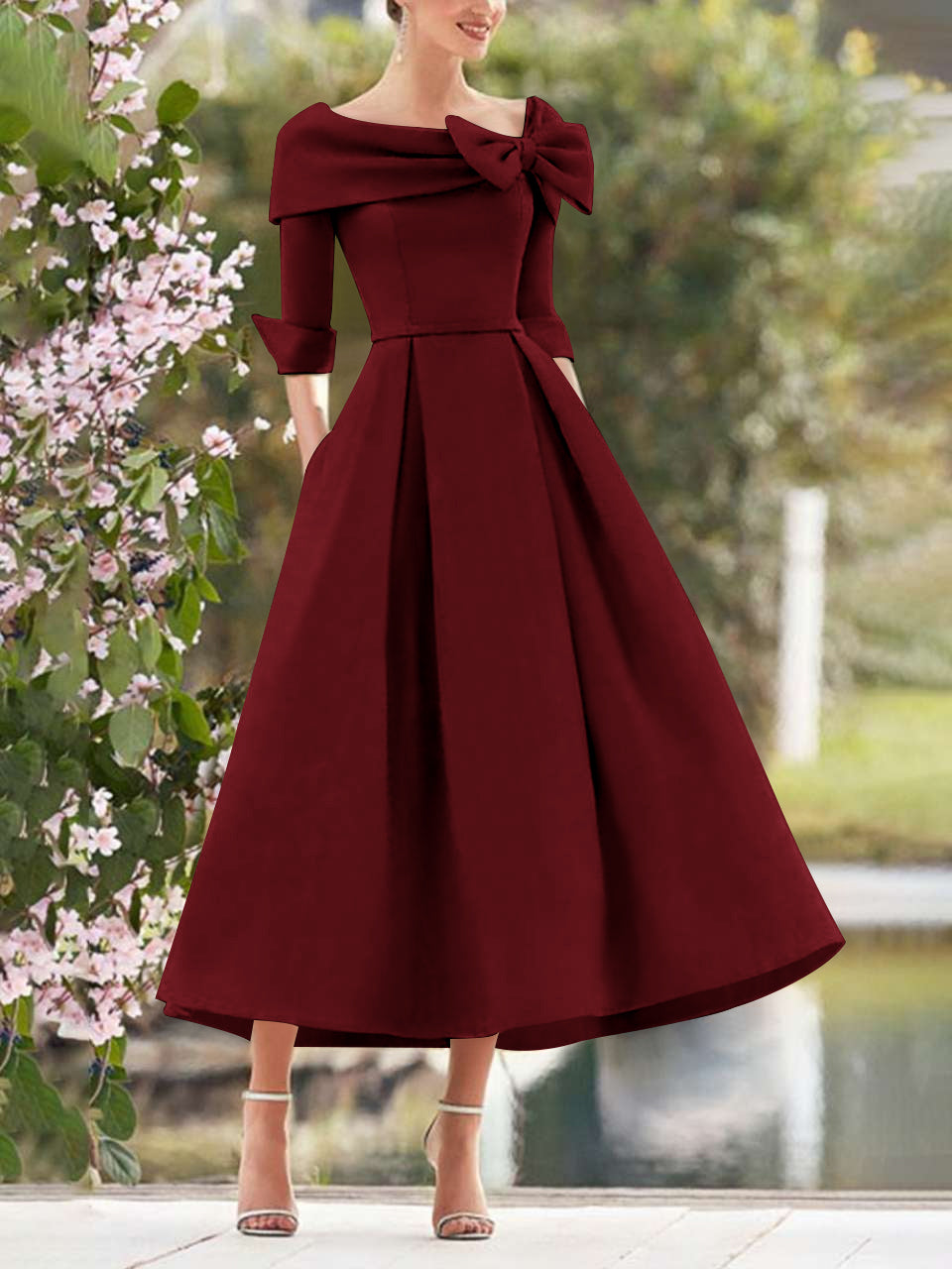 Elegant A-Line Princess Dresses with Cowl Neck and Bows 3/4 Sleeves Tea Length for Mothers of the Bride & Groom-BMbridal