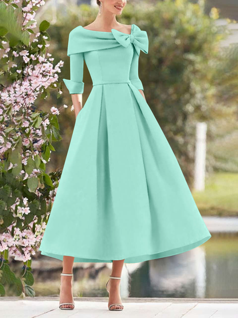 Elegant A-Line Princess Dresses with Cowl Neck and Bows 3/4 Sleeves Tea Length for Mothers of the Bride & Groom-BMbridal