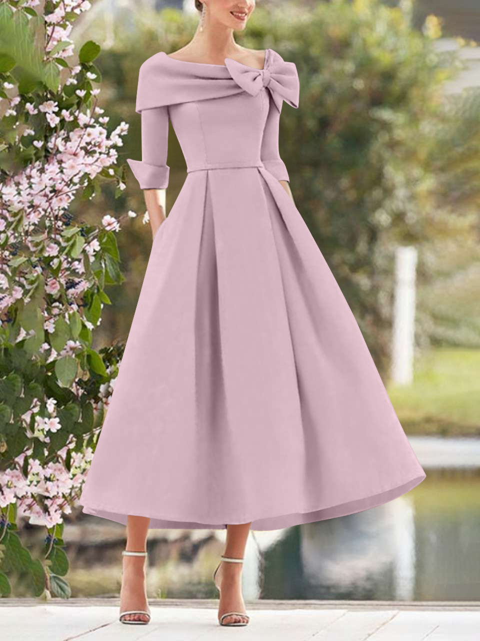 Elegant A-Line Princess Dresses with Cowl Neck and Bows 3/4 Sleeves Tea Length for Mothers of the Bride & Groom-BMbridal