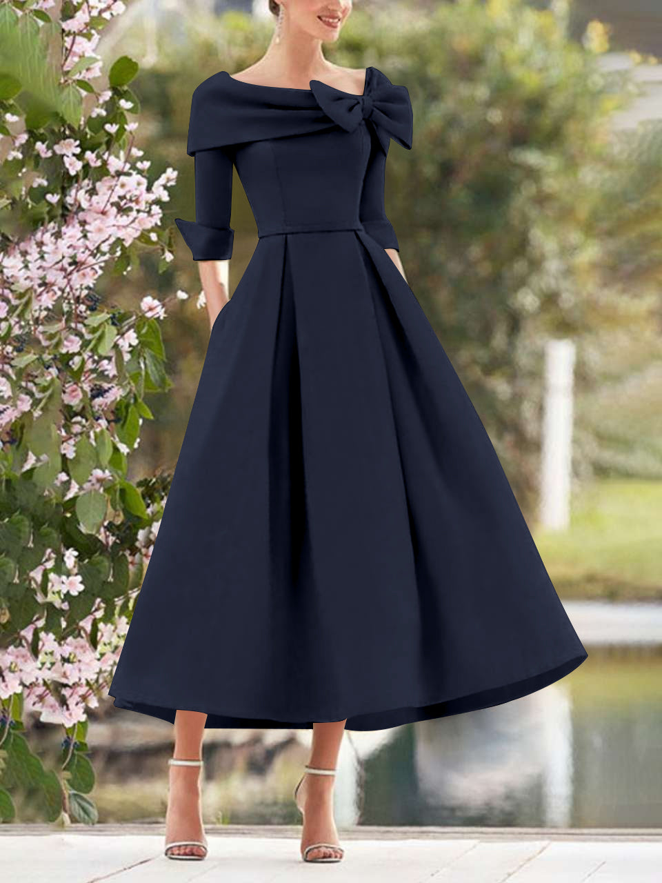 Elegant A-Line Princess Dresses with Cowl Neck and Bows 3/4 Sleeves Tea Length for Mothers of the Bride & Groom-BMbridal