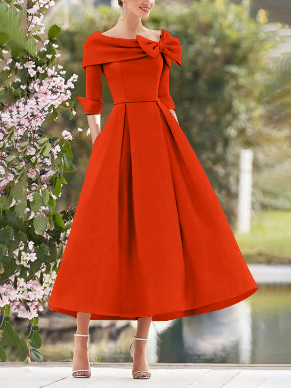 Elegant A-Line Princess Dresses with Cowl Neck and Bows 3/4 Sleeves Tea Length for Mothers of the Bride & Groom-BMbridal