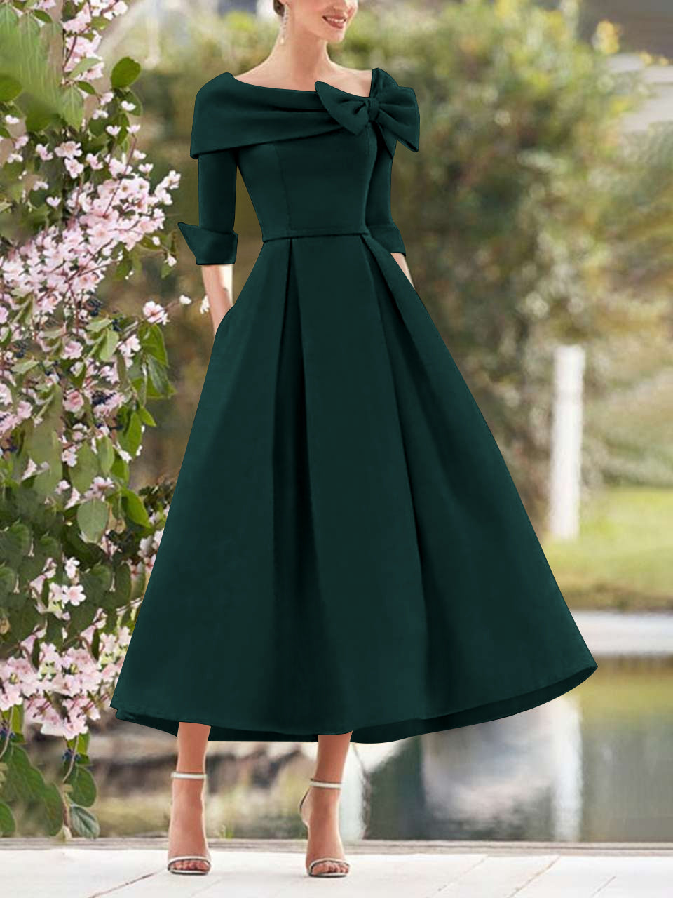 Elegant A-Line Princess Dresses with Cowl Neck and Bows 3/4 Sleeves Tea Length for Mothers of the Bride & Groom-BMbridal