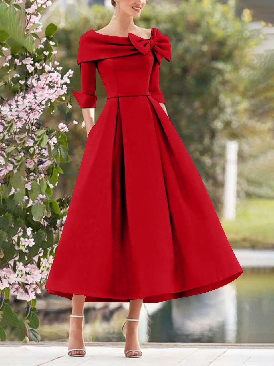Elegant A-Line Princess Dresses with Cowl Neck and Bows 3/4 Sleeves Tea Length for Mothers of the Bride & Groom-BMbridal