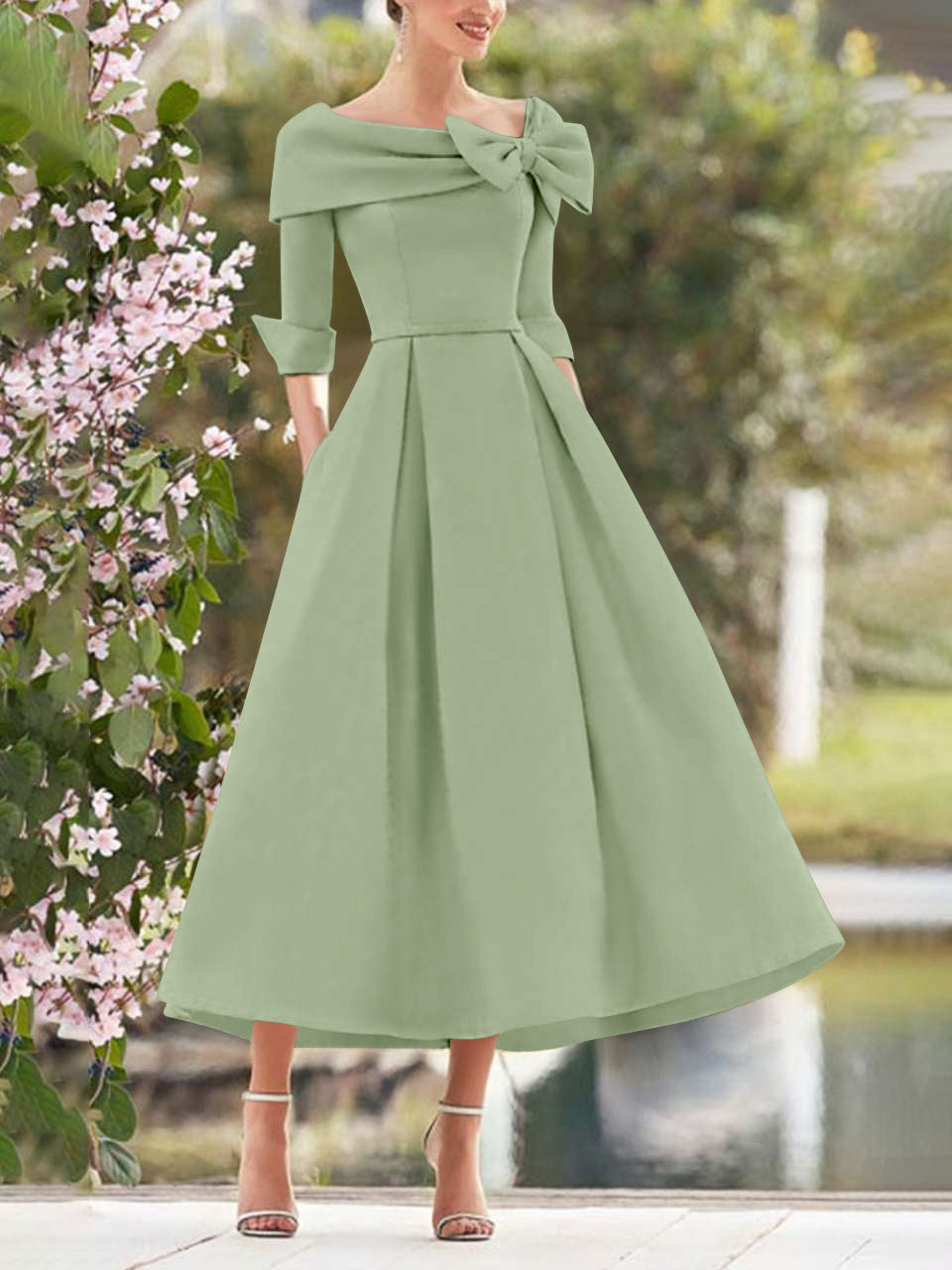 Elegant A-Line Princess Dresses with Cowl Neck and Bows 3/4 Sleeves Tea Length for Mothers of the Bride & Groom-BMbridal