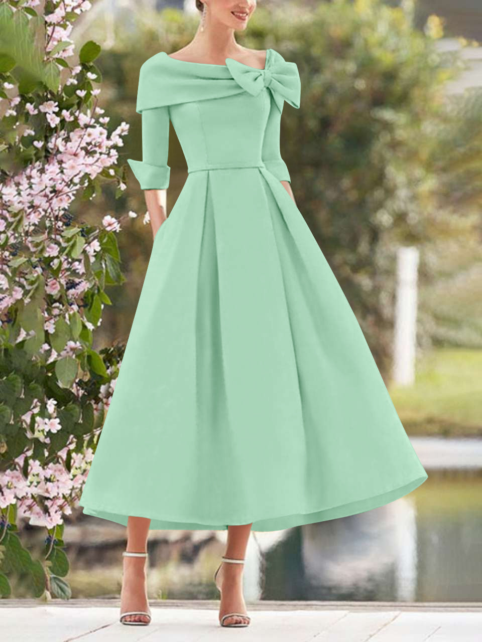 Elegant A-Line Princess Dresses with Cowl Neck and Bows 3/4 Sleeves Tea Length for Mothers of the Bride & Groom-BMbridal