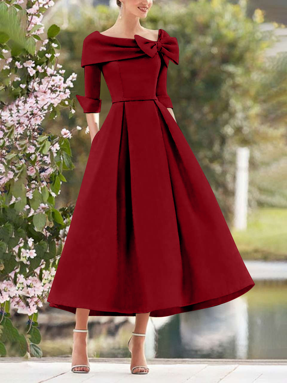 Elegant A-Line Princess Dresses with Cowl Neck and Bows 3/4 Sleeves Tea Length for Mothers of the Bride & Groom-BMbridal