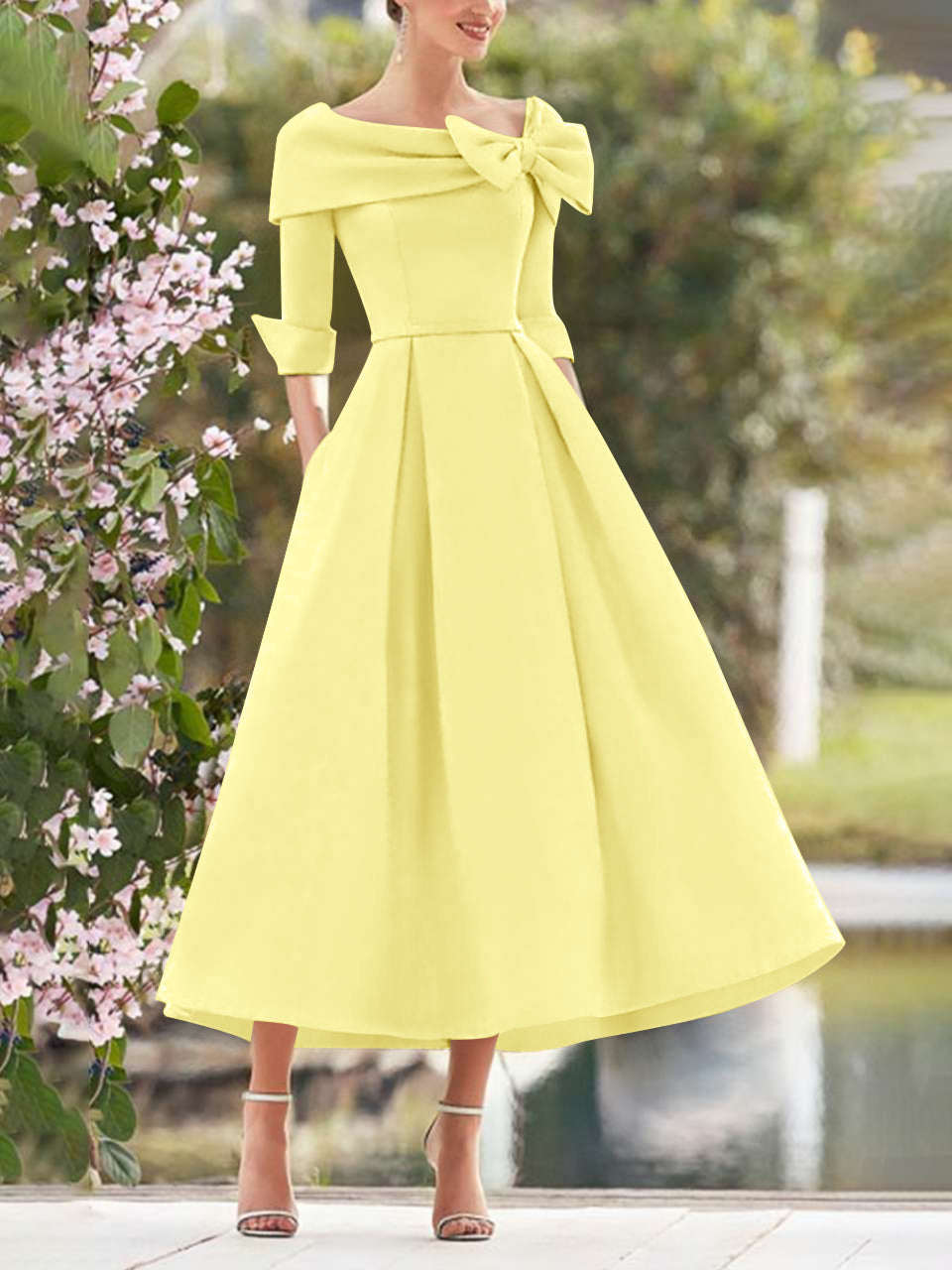 Elegant A-Line Princess Dresses with Cowl Neck and Bows 3/4 Sleeves Tea Length for Mothers of the Bride & Groom-BMbridal