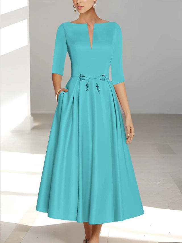 Ankle-Length Mother of the Bride A-Line Dress with Half Sleeves and Pockets-BMbridal