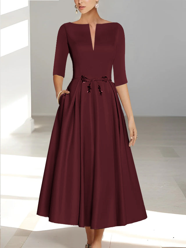 Ankle-Length Mother of the Bride A-Line Dress with Half Sleeves and Pockets-BMbridal