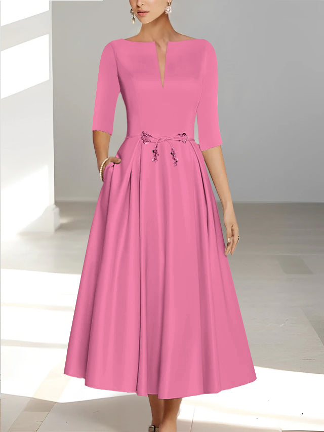 Ankle-Length Mother of the Bride A-Line Dress with Half Sleeves and Pockets-BMbridal