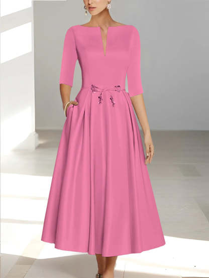 Ankle-Length Mother of the Bride A-Line Dress with Half Sleeves and Pockets-BMbridal
