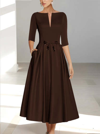 Ankle-Length Mother of the Bride A-Line Dress with Half Sleeves and Pockets-BMbridal