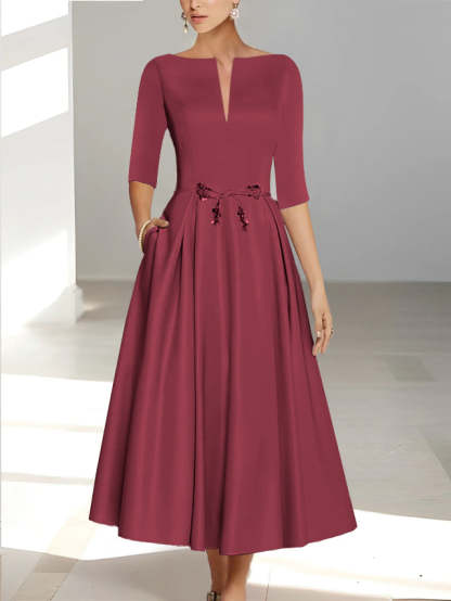 Ankle-Length Mother of the Bride A-Line Dress with Half Sleeves and Pockets-BMbridal