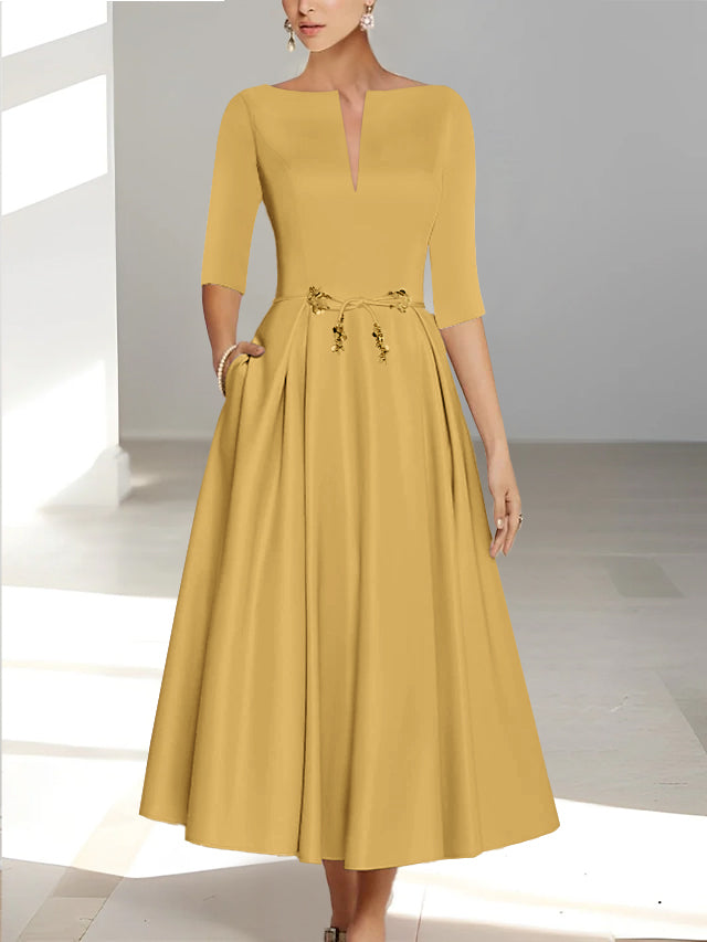 Ankle-Length Mother of the Bride A-Line Dress with Half Sleeves and Pockets-BMbridal