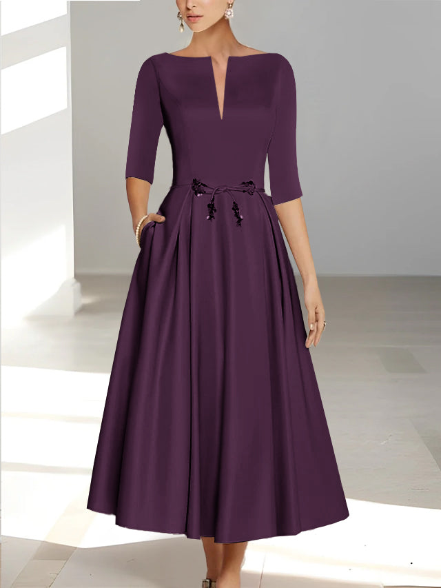 Ankle-Length Mother of the Bride A-Line Dress with Half Sleeves and Pockets-BMbridal