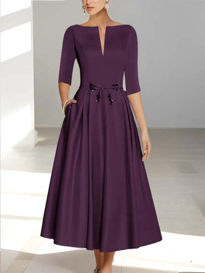 Ankle-Length Mother of the Bride A-Line Dress with Half Sleeves and Pockets-BMbridal