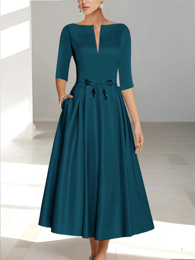 Ankle-Length Mother of the Bride A-Line Dress with Half Sleeves and Pockets-BMbridal