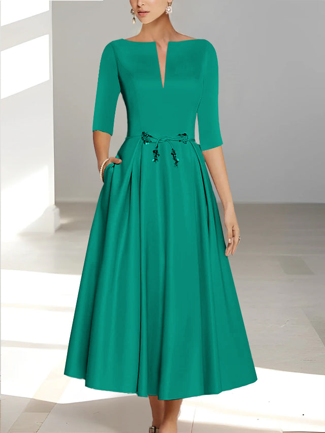 Ankle-Length Mother of the Bride A-Line Dress with Half Sleeves and Pockets-BMbridal