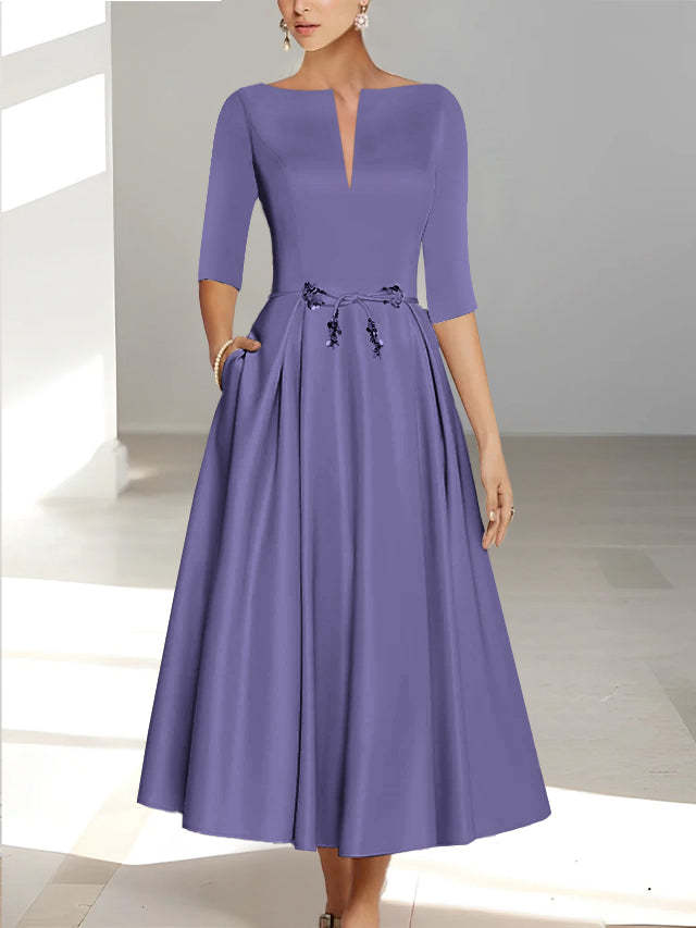 Ankle-Length Mother of the Bride A-Line Dress with Half Sleeves and Pockets-BMbridal
