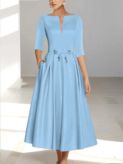 Ankle-Length Mother of the Bride A-Line Dress with Half Sleeves and Pockets-BMbridal