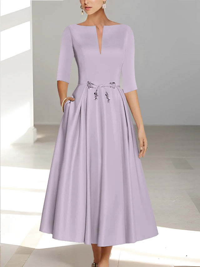 Ankle-Length Mother of the Bride A-Line Dress with Half Sleeves and Pockets-BMbridal
