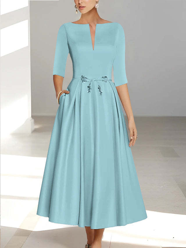 Ankle-Length Mother of the Bride A-Line Dress with Half Sleeves and Pockets-BMbridal