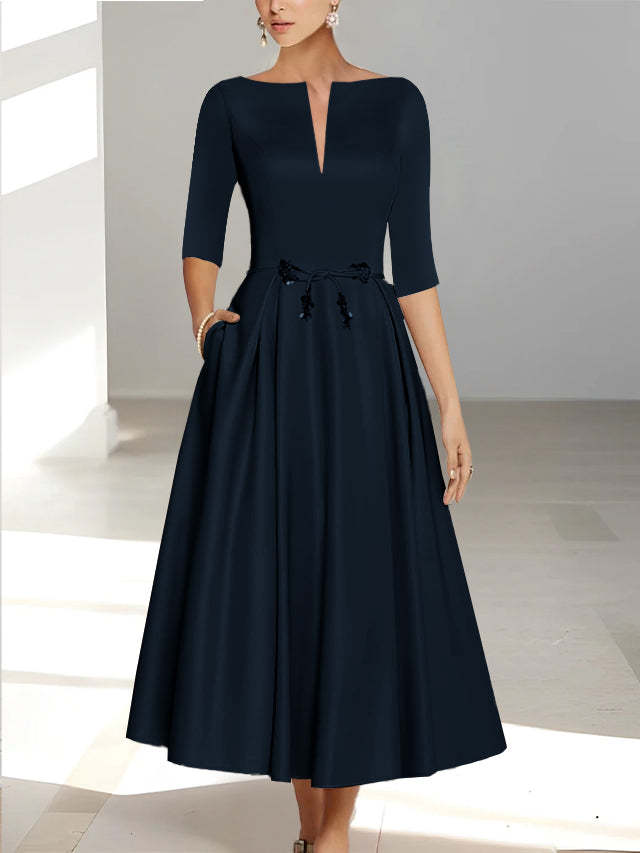 Ankle-Length Mother of the Bride A-Line Dress with Half Sleeves and Pockets-BMbridal