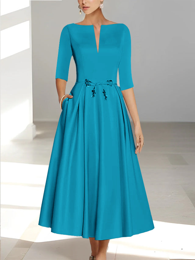 Ankle-Length Mother of the Bride A-Line Dress with Half Sleeves and Pockets-BMbridal
