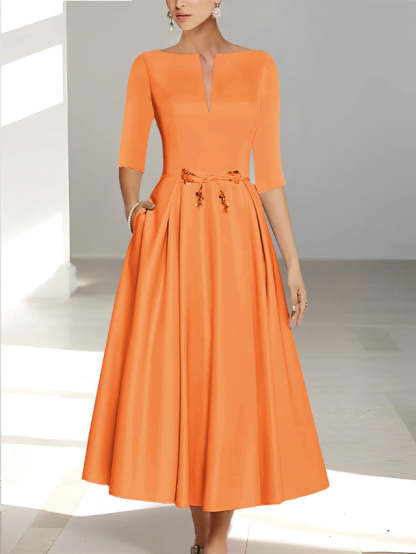 Ankle-Length Mother of the Bride A-Line Dress with Half Sleeves and Pockets-BMbridal