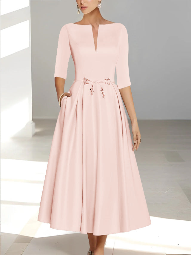 Ankle-Length Mother of the Bride A-Line Dress with Half Sleeves and Pockets-BMbridal