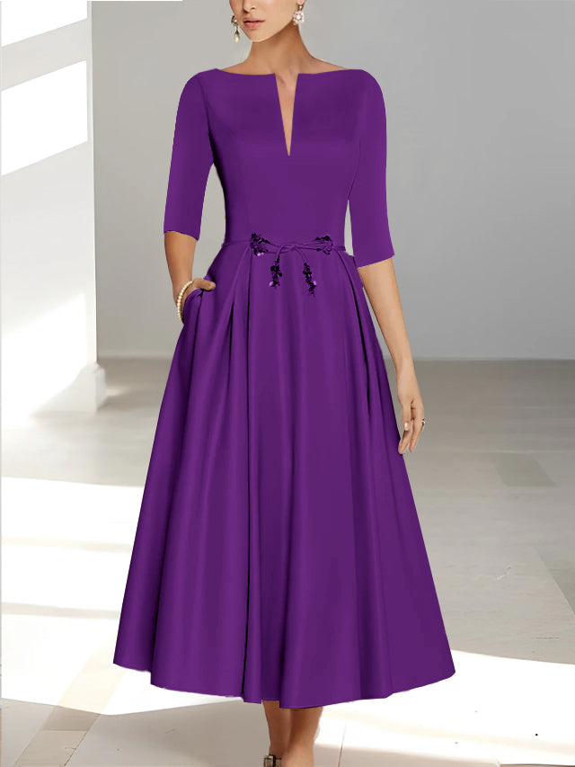 Ankle-Length Mother of the Bride A-Line Dress with Half Sleeves and Pockets-BMbridal