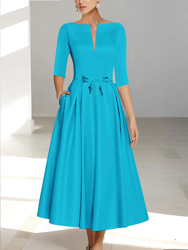 Ankle-Length Mother of the Bride A-Line Dress with Half Sleeves and Pockets-BMbridal