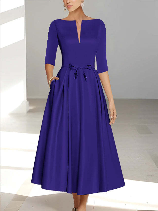 Ankle-Length Mother of the Bride A-Line Dress with Half Sleeves and Pockets-BMbridal