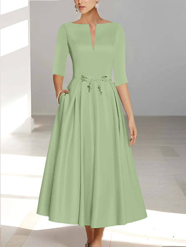 Ankle-Length Mother of the Bride A-Line Dress with Half Sleeves and Pockets-BMbridal
