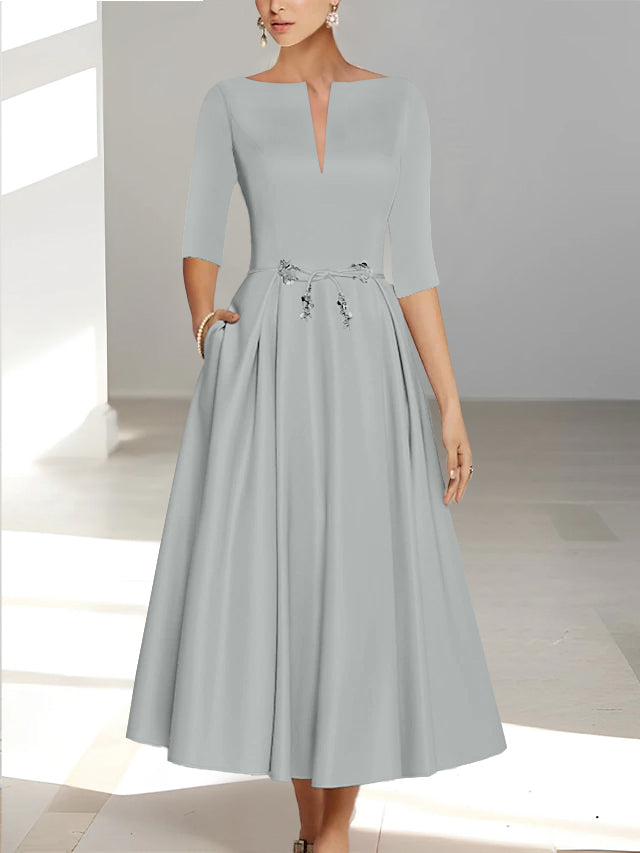 Ankle-Length Mother of the Bride A-Line Dress with Half Sleeves and Pockets-BMbridal