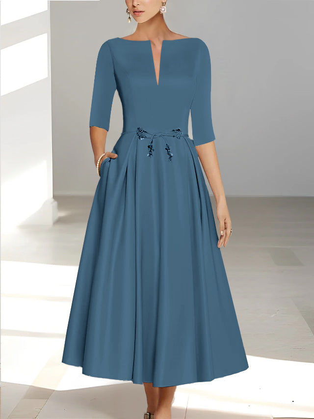 Ankle-Length Mother of the Bride A-Line Dress with Half Sleeves and Pockets-BMbridal