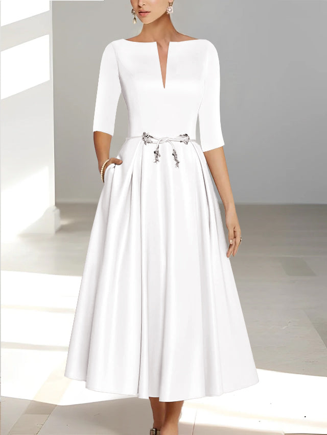 Ankle-Length Mother of the Bride A-Line Dress with Half Sleeves and Pockets-BMbridal