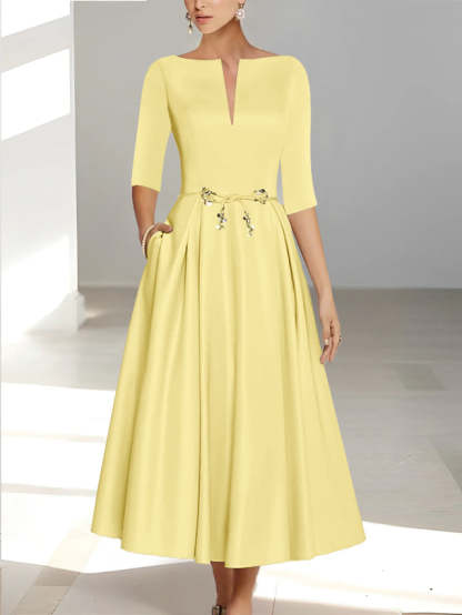 Ankle-Length Mother of the Bride A-Line Dress with Half Sleeves and Pockets-BMbridal