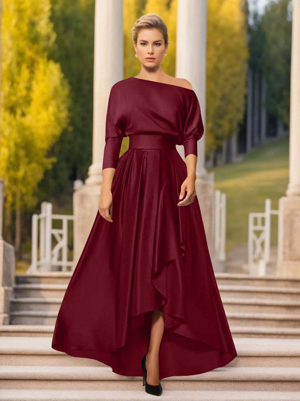 One-Shoulder A-Line Princess Dress with 3/4 Sleeves for Mothers of the Bride & Groom-BMbridal