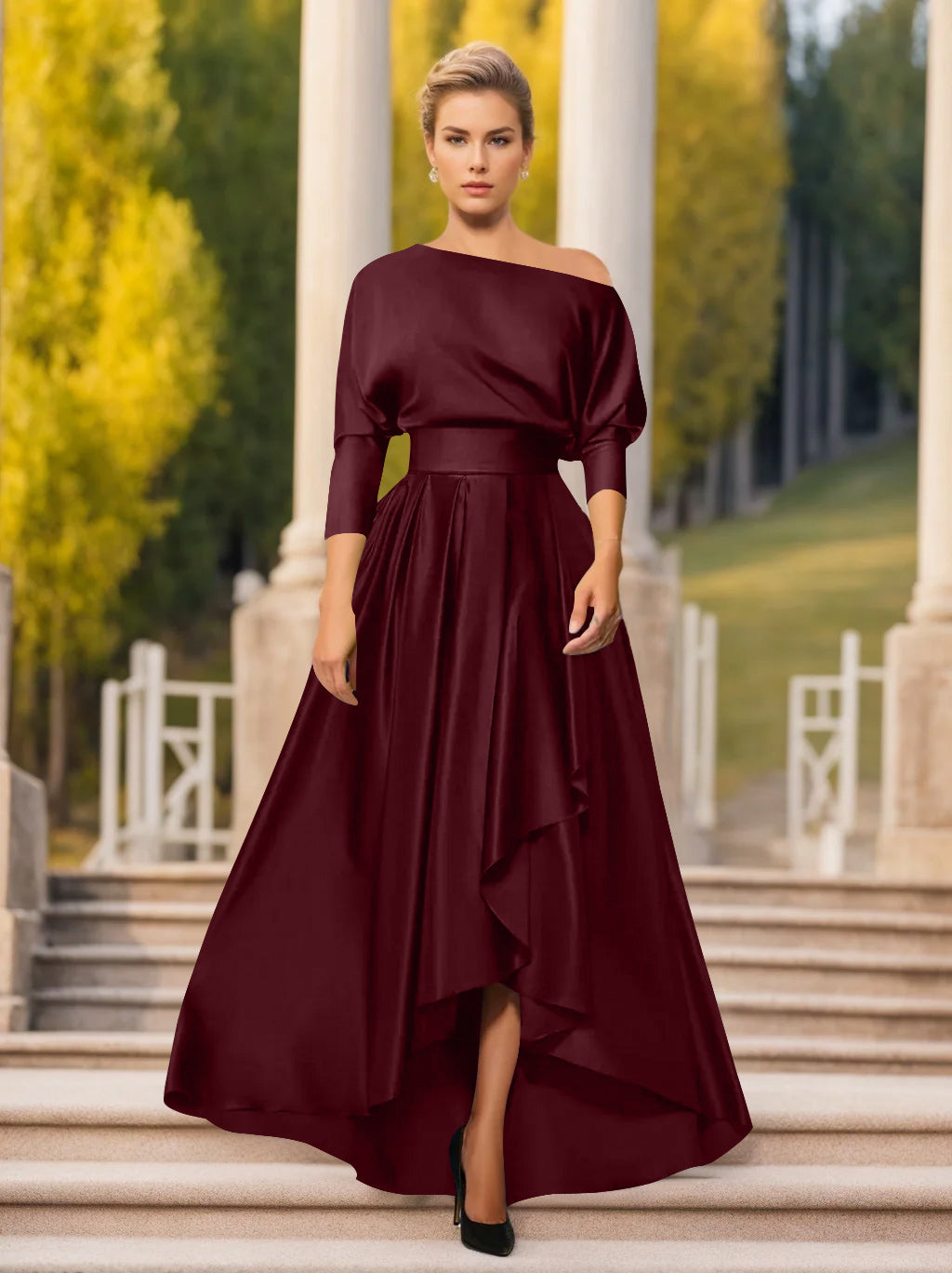 One-Shoulder A-Line Princess Dress with 3/4 Sleeves for Mothers of the Bride & Groom-BMbridal